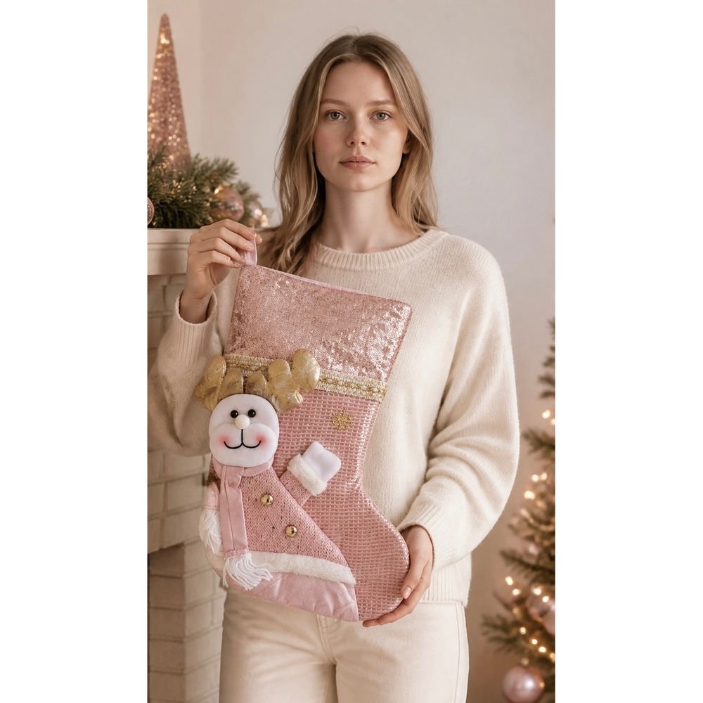 NEW Rose Gold Sequin Reindeer Christmas Stocking Pink‎ Holiday Decor